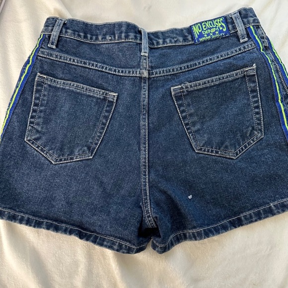 Vintage Y2K No Excuses Denim Shorts Women 13/14 32"Blue Neon Stripe High Waisted - Picture 4 of 8